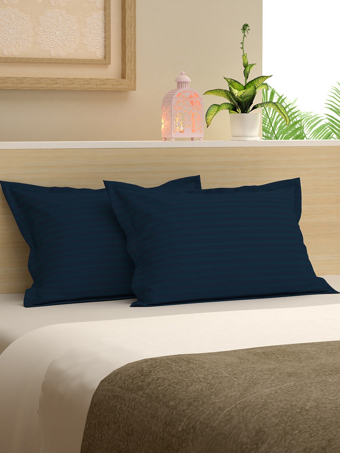 

Story@home Set Of 2 Blue 300 TC Satin Striped Pure Cotton Pillow Covers