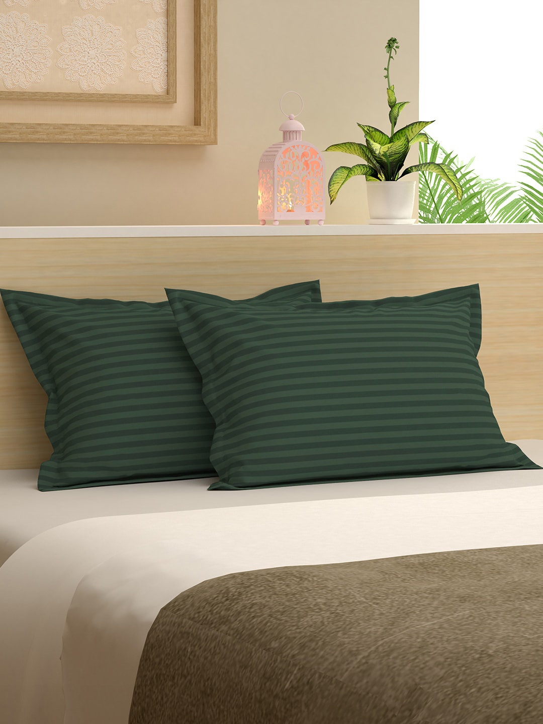 

Story@home 2 Green 300 TC Striped Pillow Covers