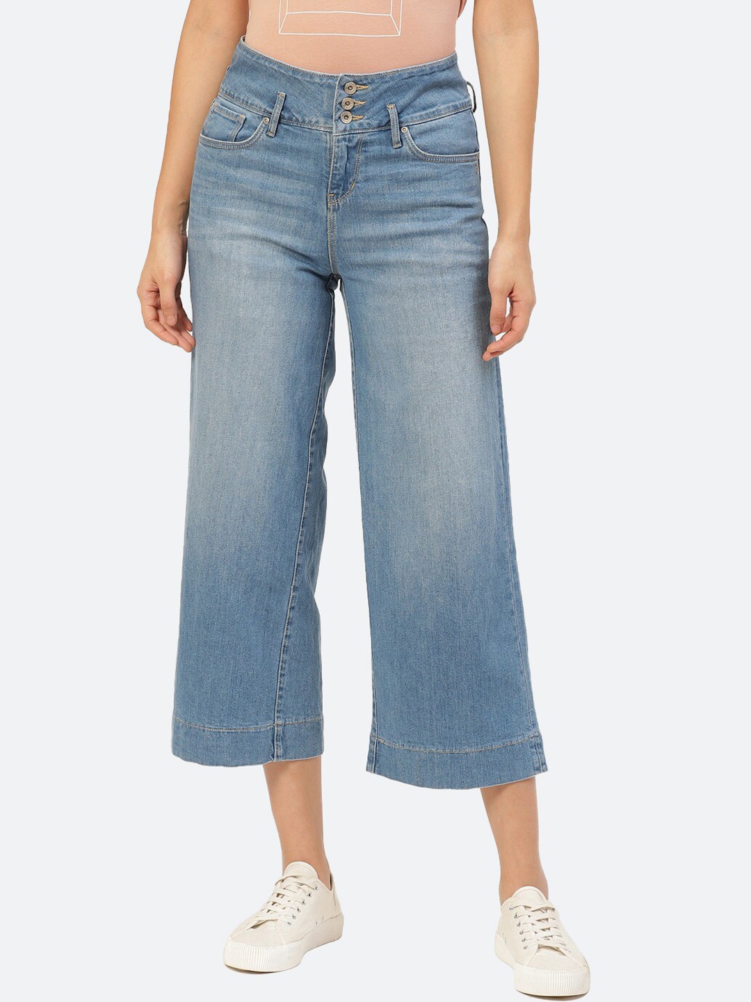 

Xpose Women Blue Comfort Wide Leg High-Rise Light Fade Stretchable Cropped Jeans
