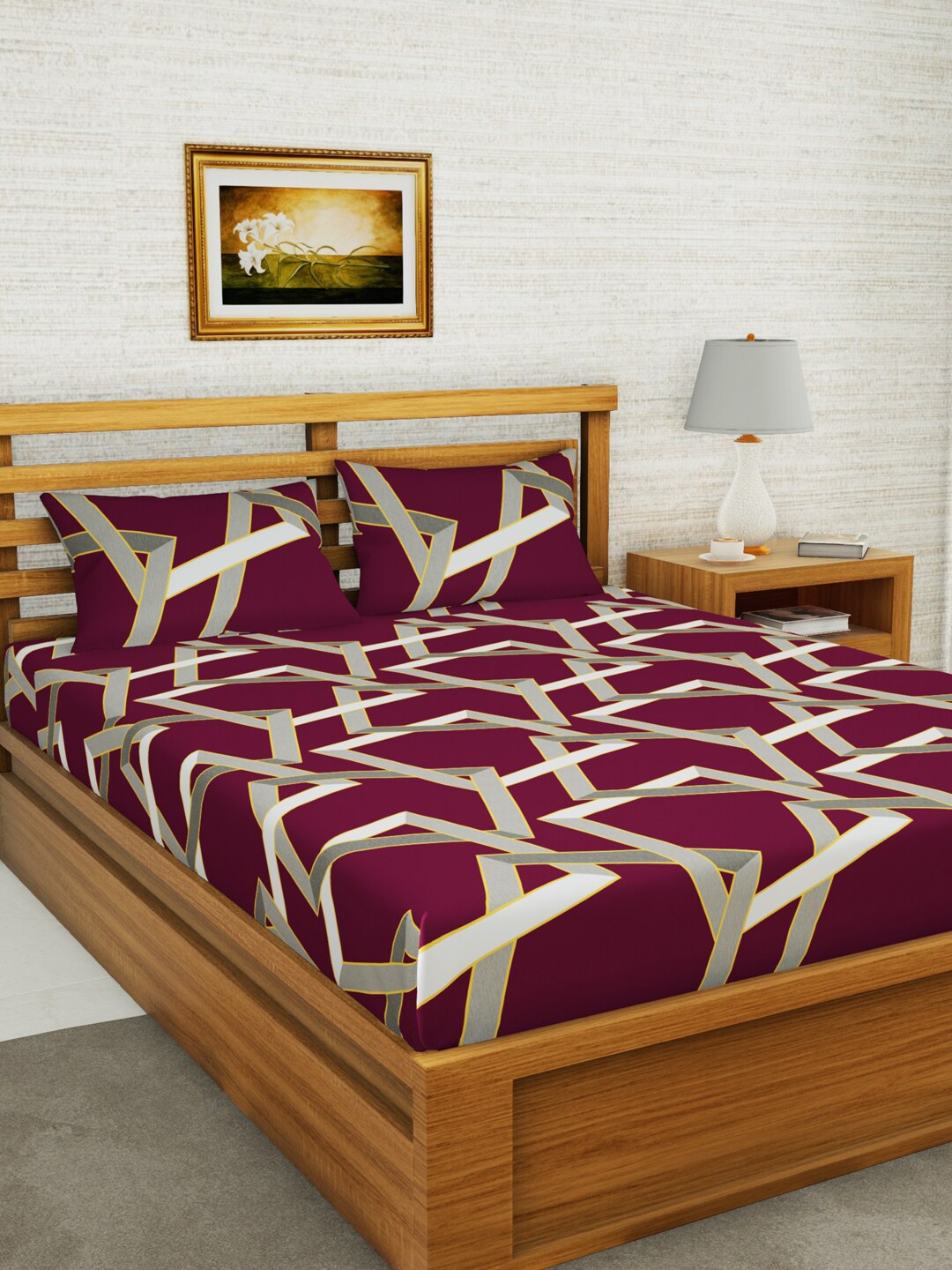 

BIANCA Burgundy & Grey Geometric 152 TC Queen Bedsheet with 2 Pillow Covers