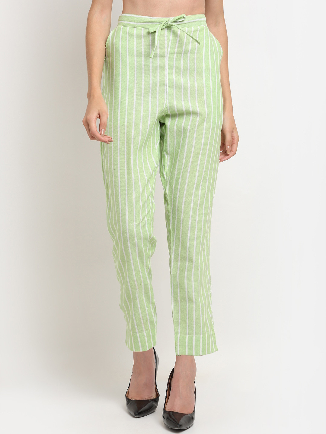 

TAG 7 Women Green Striped Straight Fit Trousers