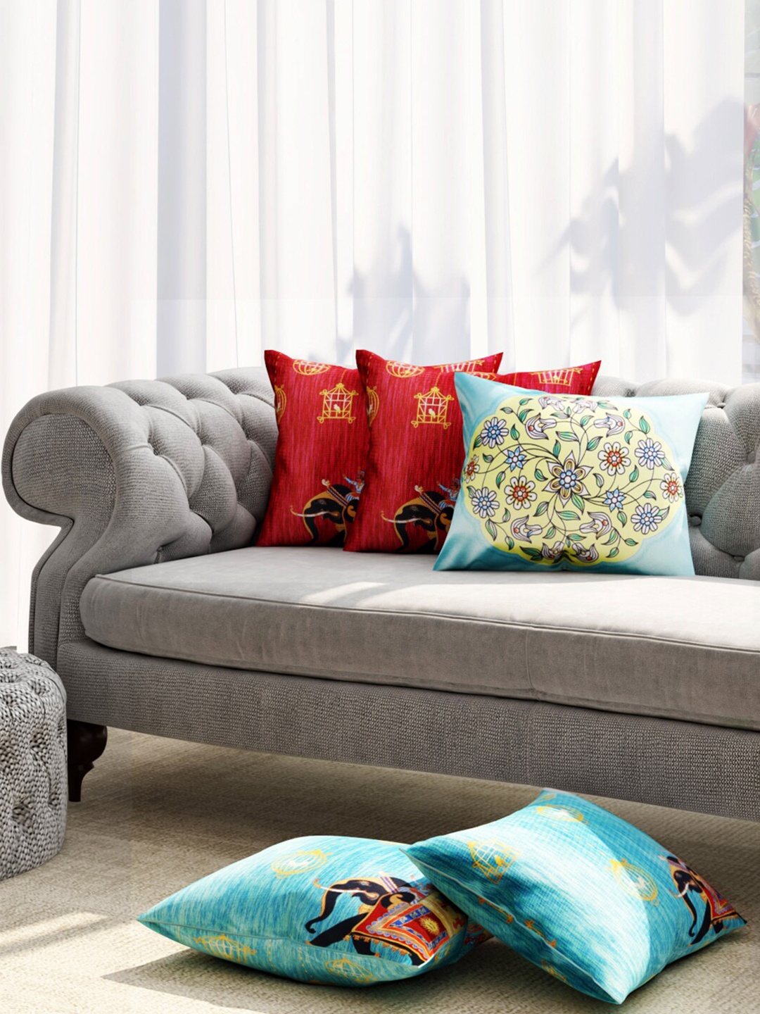 

Niamh by Tag 7 Red & Blue Set of 5 Ethnic Motifs Square Cushion Covers