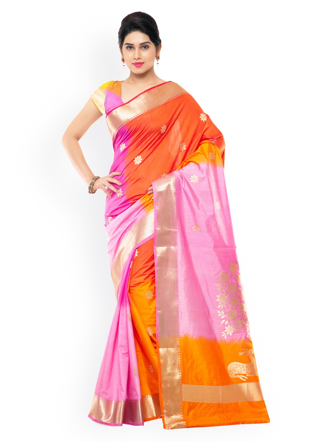 

Varkala Silk Sarees Pink & Orange Kanjeevaram Art Silk & Jacquard Traditional Saree