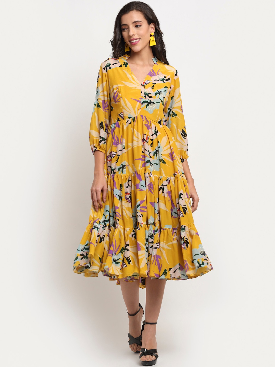 

ewoke Yellow Floral Ewoke Printed Tier Dress