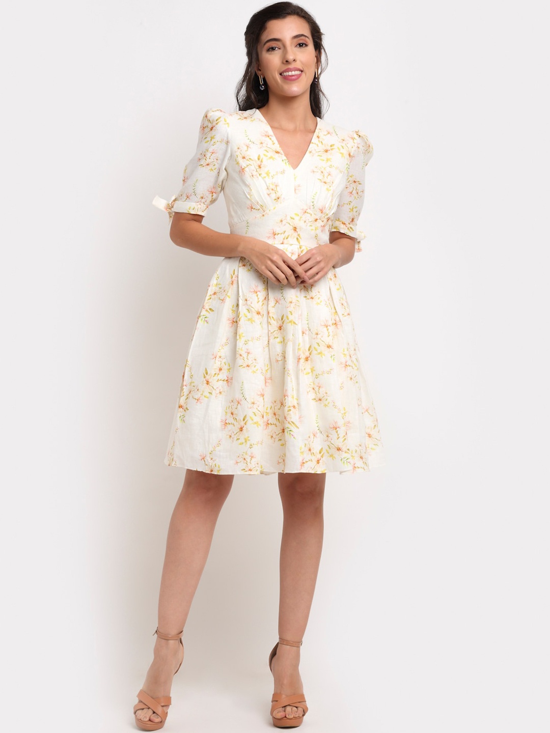 

ewoke Off White Floral Hemp Fit & Flare Dress