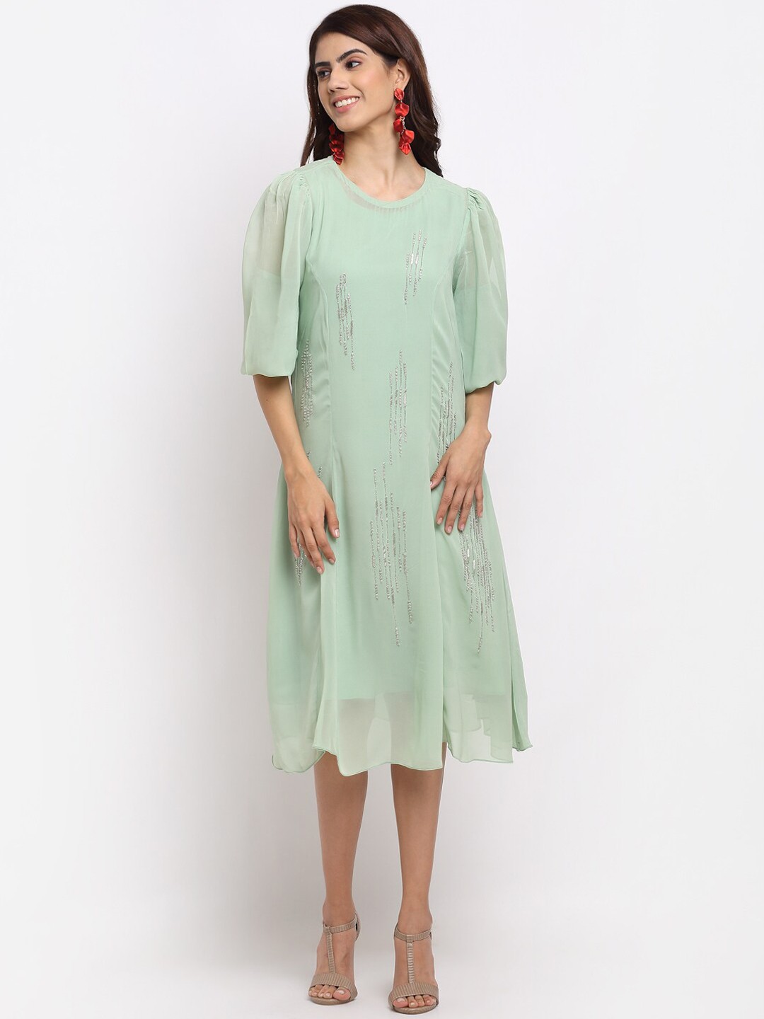 

ewoke Green Embroidered Ewoke Godet Dress