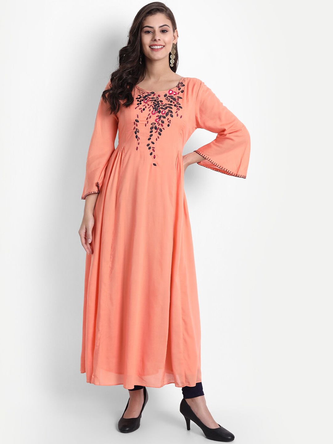 

fabGLOBAL Women Orange & Black Embroidered Kurta