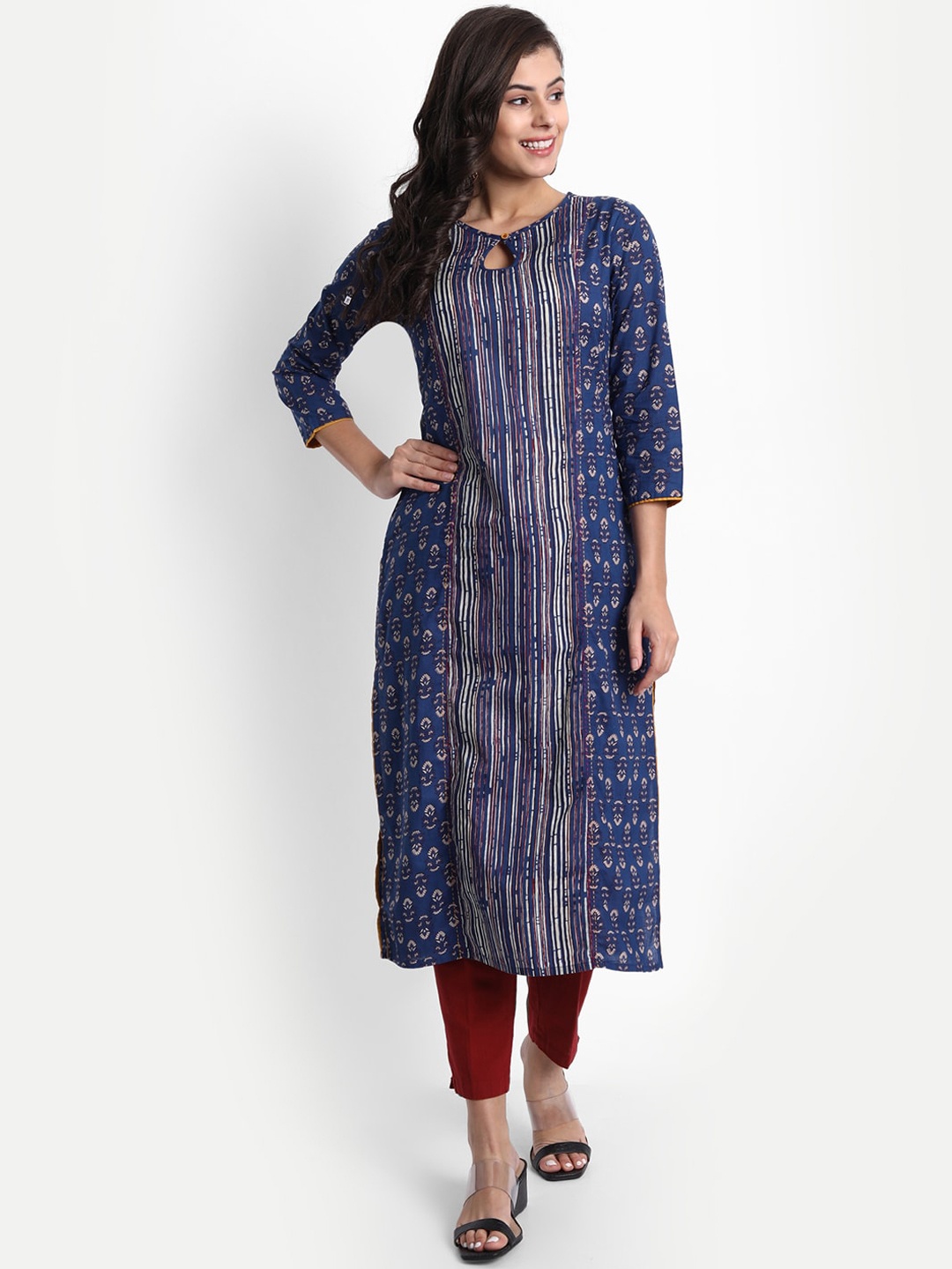 

fabGLOBAL Women Blue Ethnic Motifs Printed Cotton Keyhole Neck Kurta