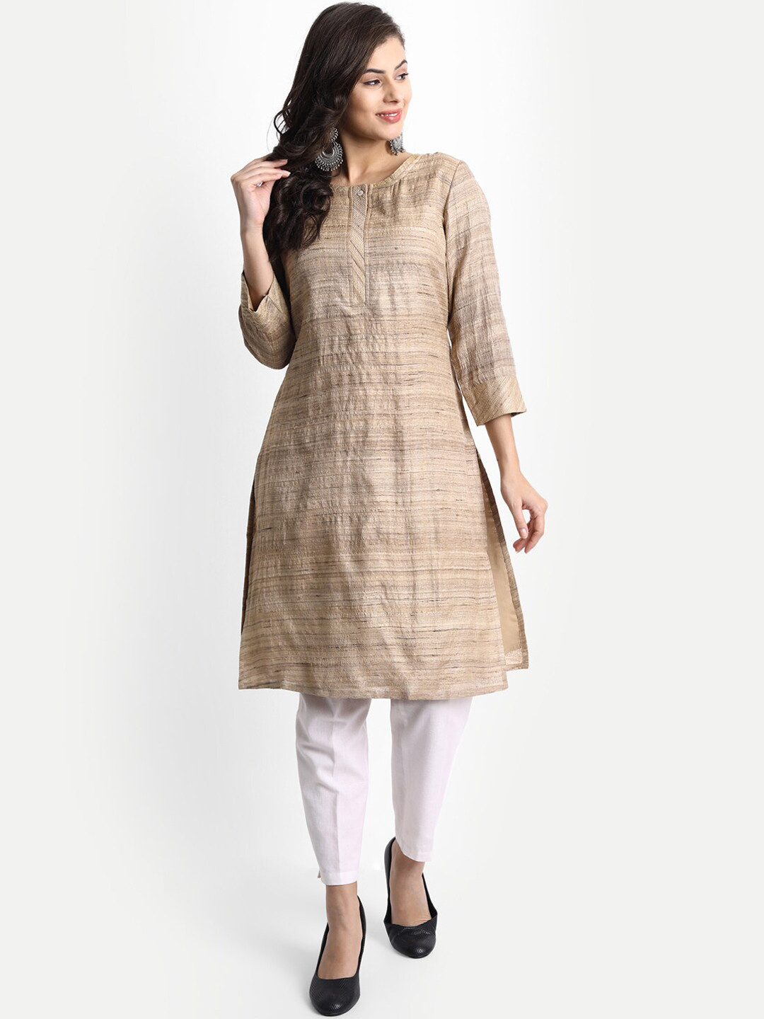 

fabGLOBAL Women Beige Striped Straight Silk Kurta
