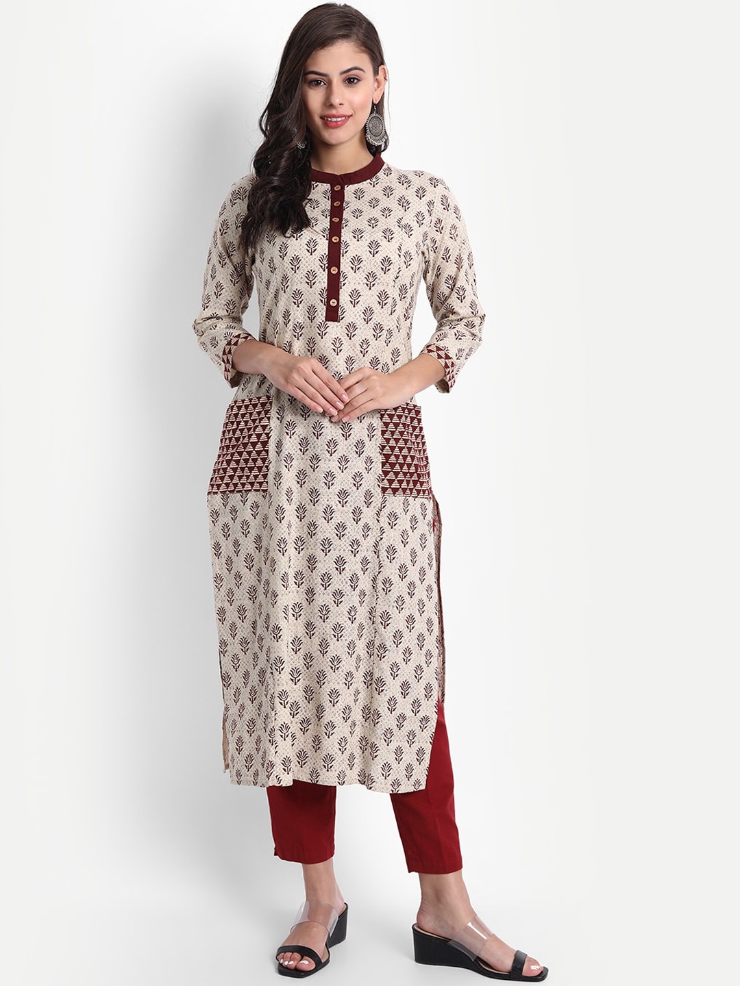 

fabGLOBAL Women Maroon & Beige Ethnic Motifs Printed Kurta