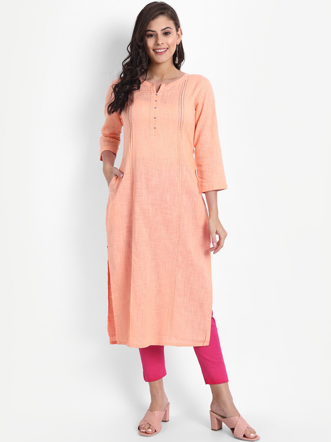 

fabGLOBAL Women Peach-Coloured Thread Work Kurta