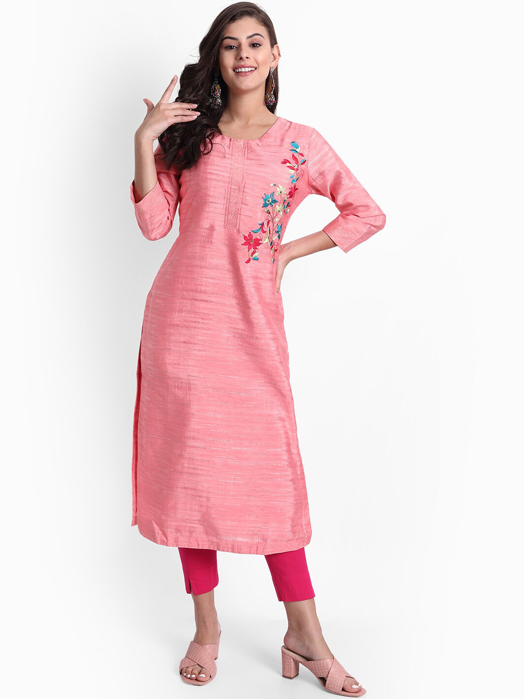 

fabGLOBAL Women Pink Embroidered Straight Silk Kurta