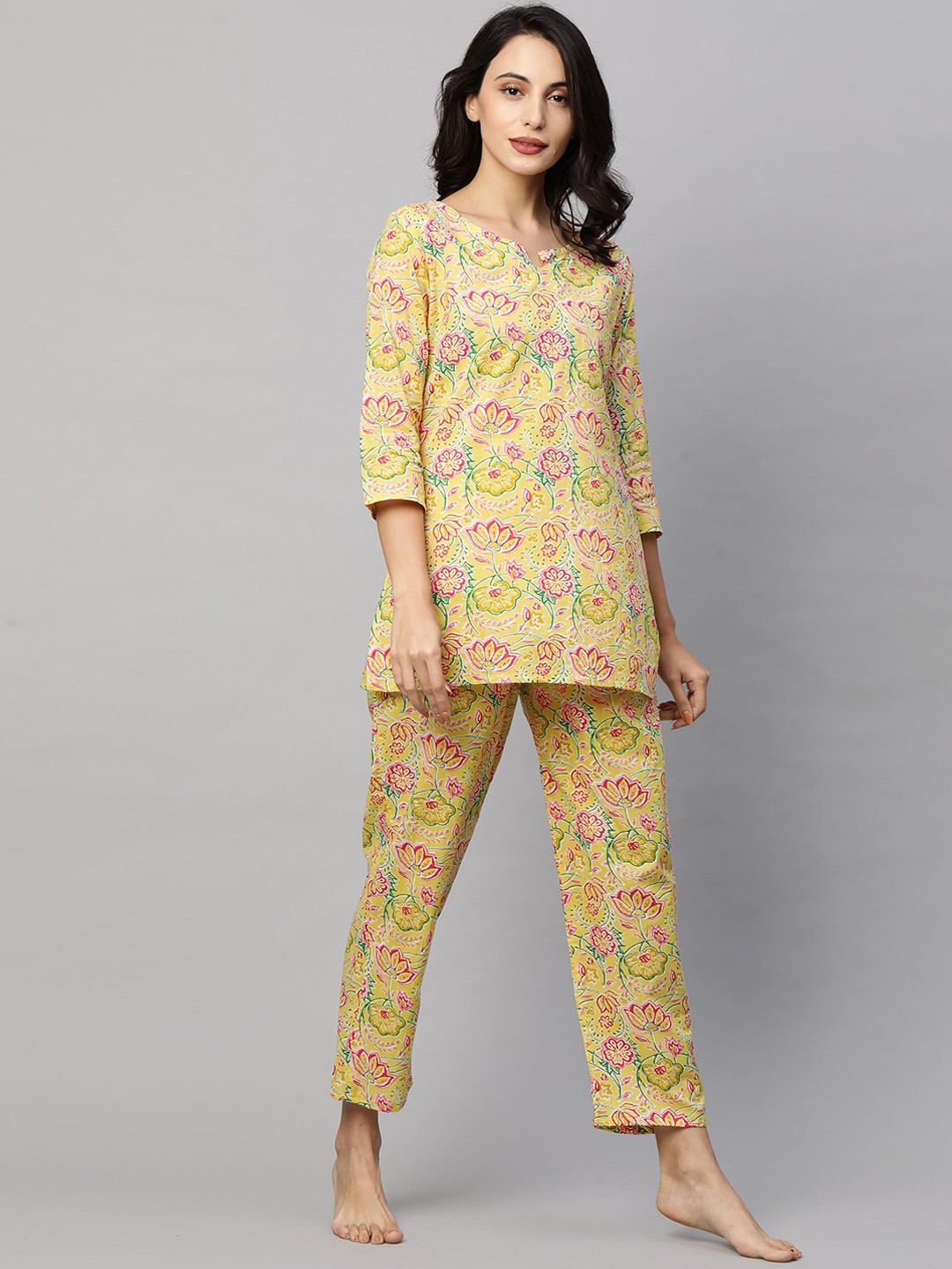

FASHOR Women Yellow & Pink Printed Night suit