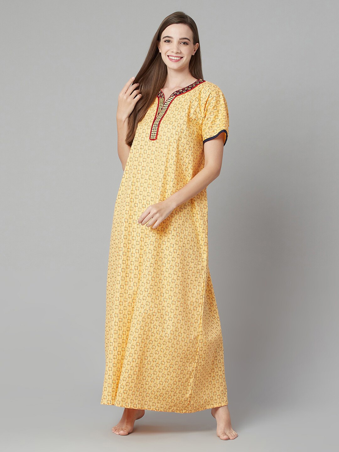 

TRUNDZ Yellow Printed Maxi Nightdress