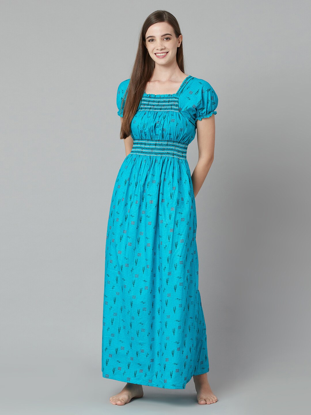 

TRUNDZ Blue Printed Maxi Nightdress