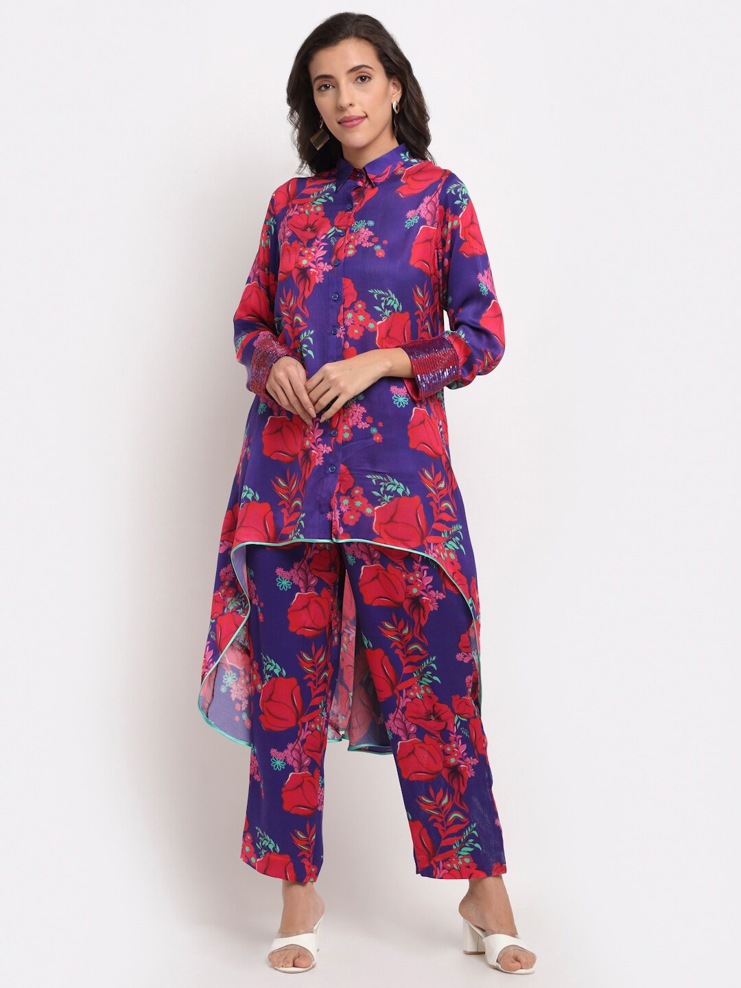 

ewoke Women Violet & Red Floral Printed Tunic With Trousers