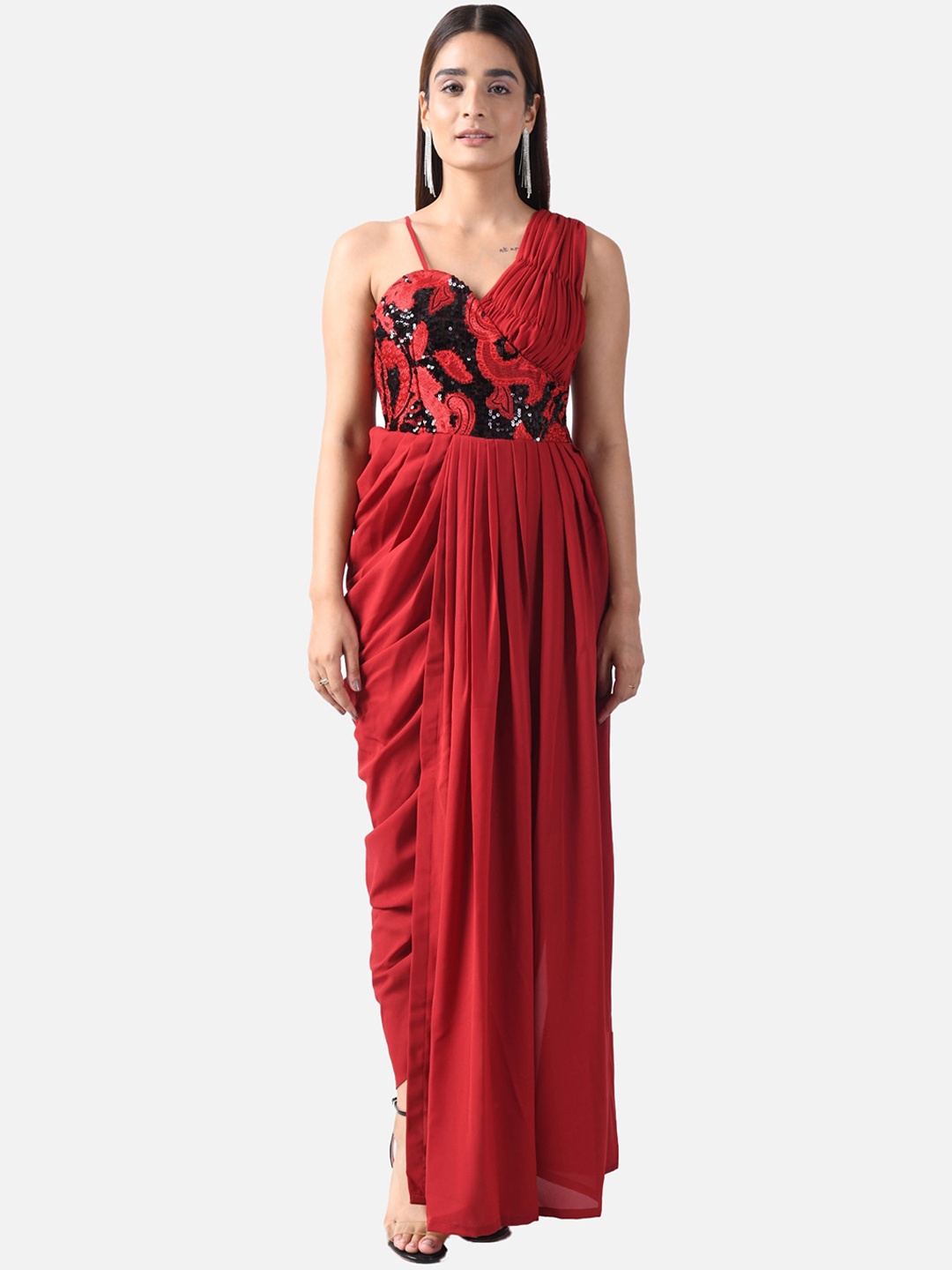 

ATTIC SALT Red & Black Embroidered Georgette Maxi Dress