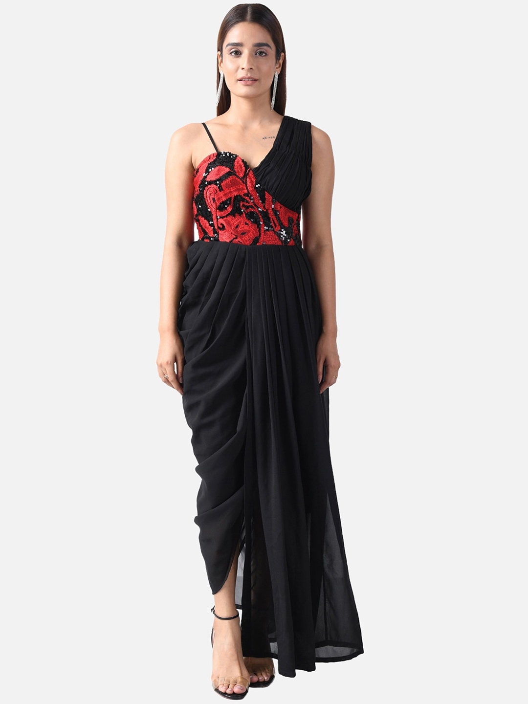 

ATTIC SALT Black & Red Embellished Georgette Maxi Dress