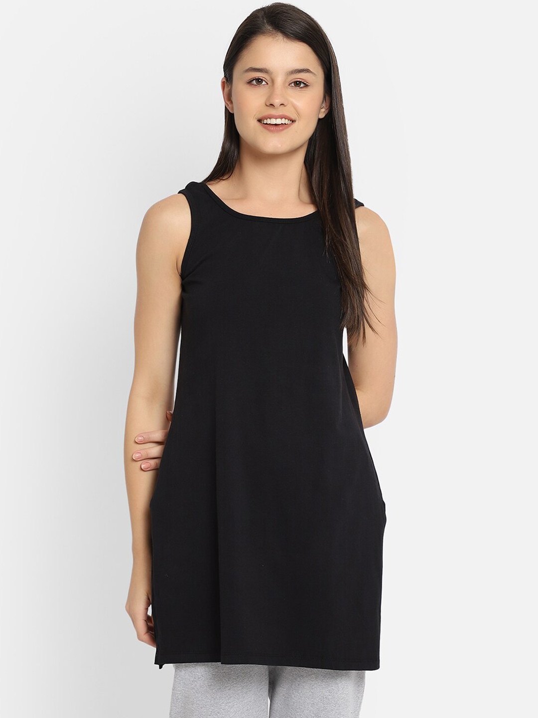 

Clovia Women Black Solid Cotton Kurta Slip Camisole