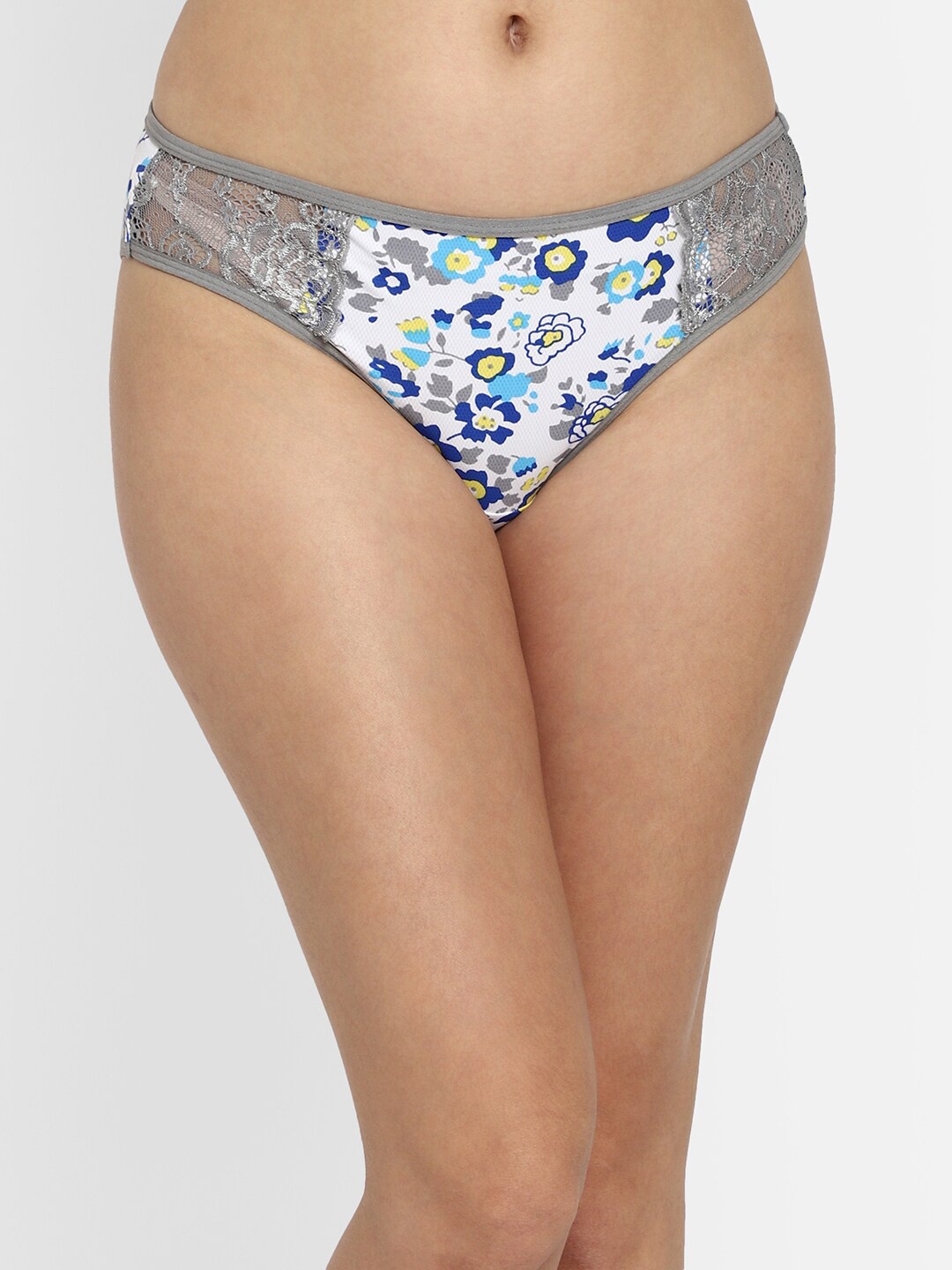

Clovia Women Low Waist Floral Printed Lace Panels Bikini Briefs, Grey