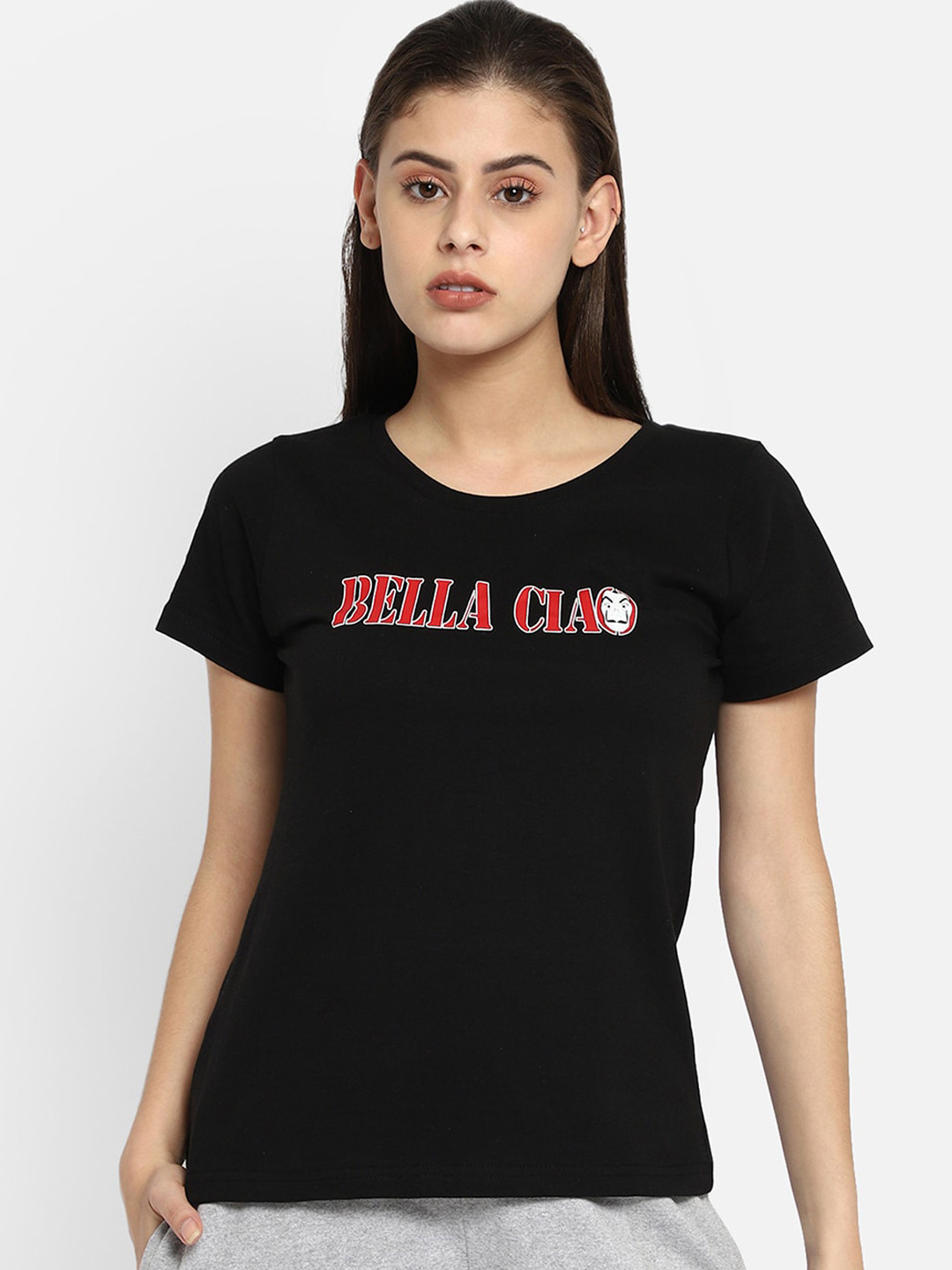 

Clovia Women Black Printed Cotton Lounge T-Shirt