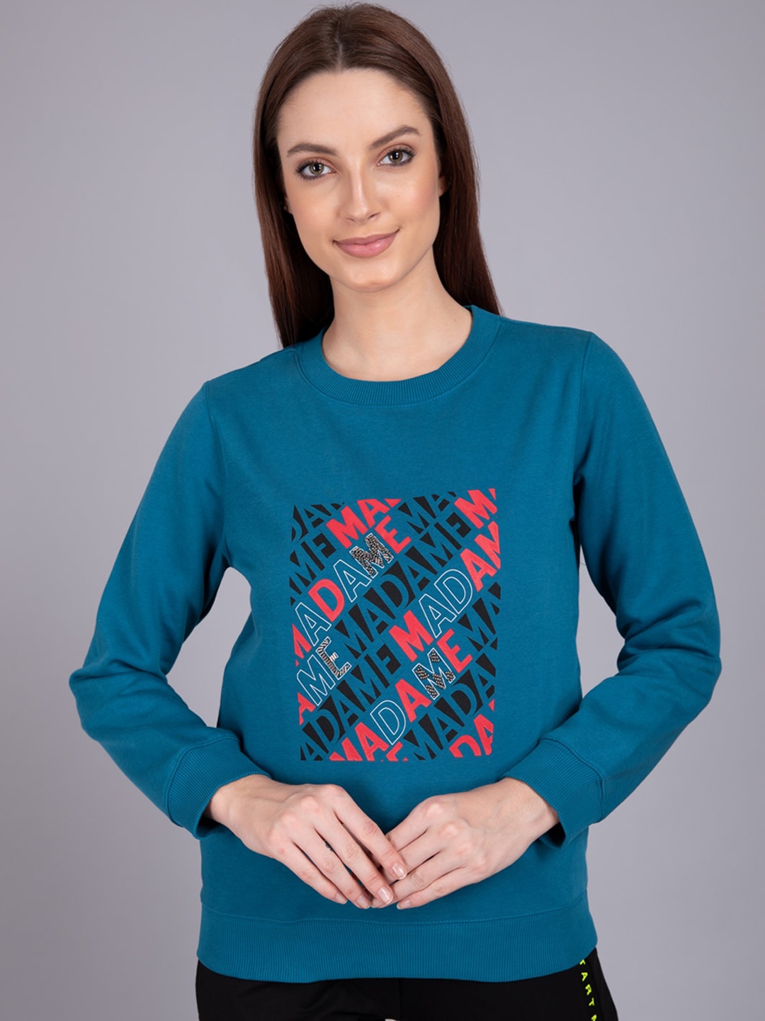 

Madame Women Teal & Pink Graphic Printed Fleece Sweatshirt