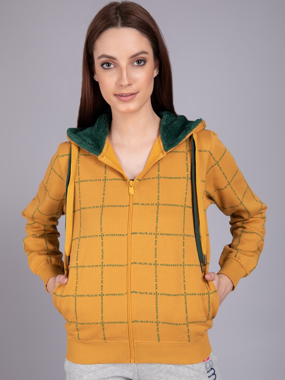

Madame Women Mustard Checked Hooded Sweatshirt
