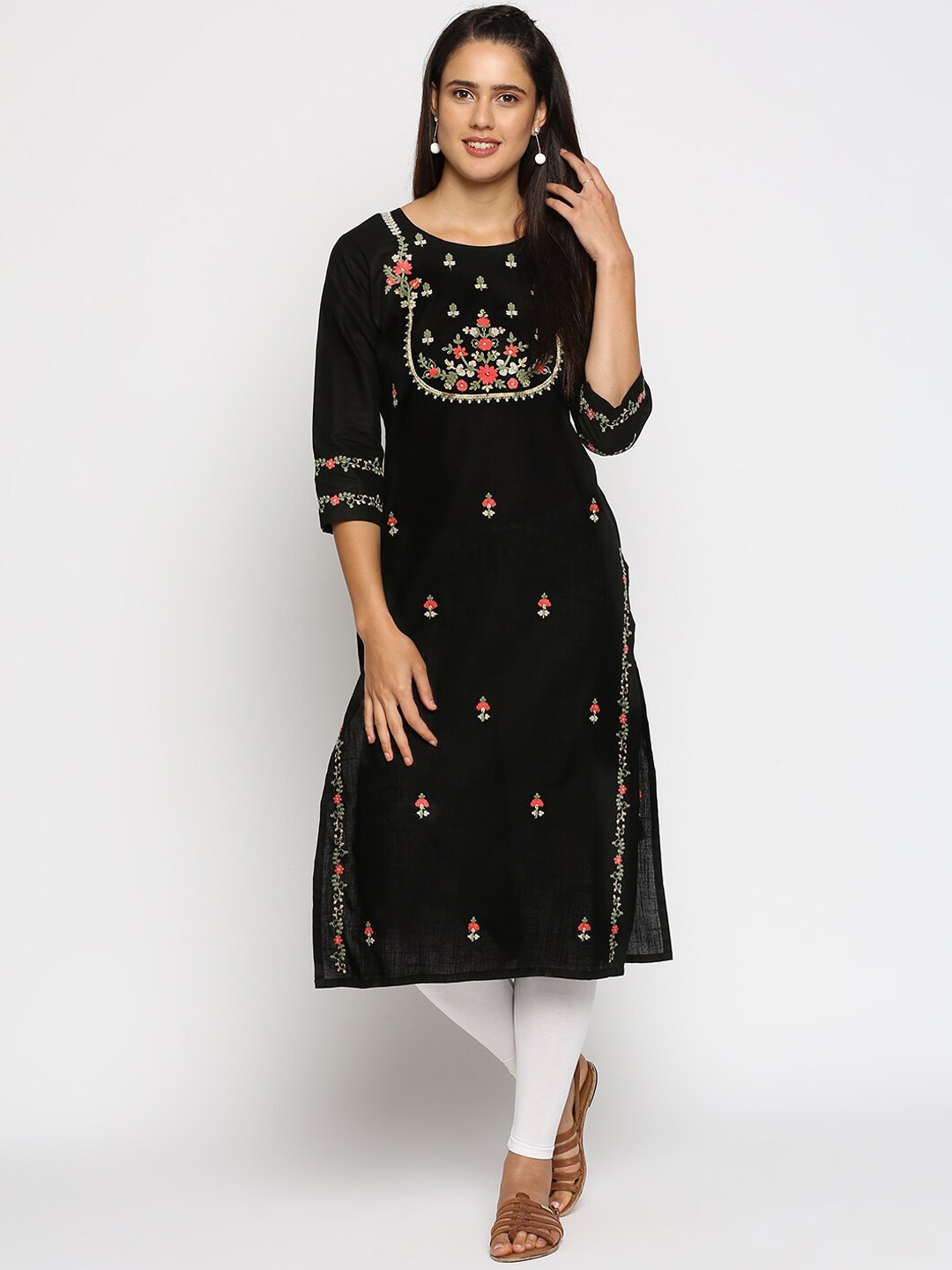 

INDYES Women Black Ethnic Motifs Embroidered Floral Kurta