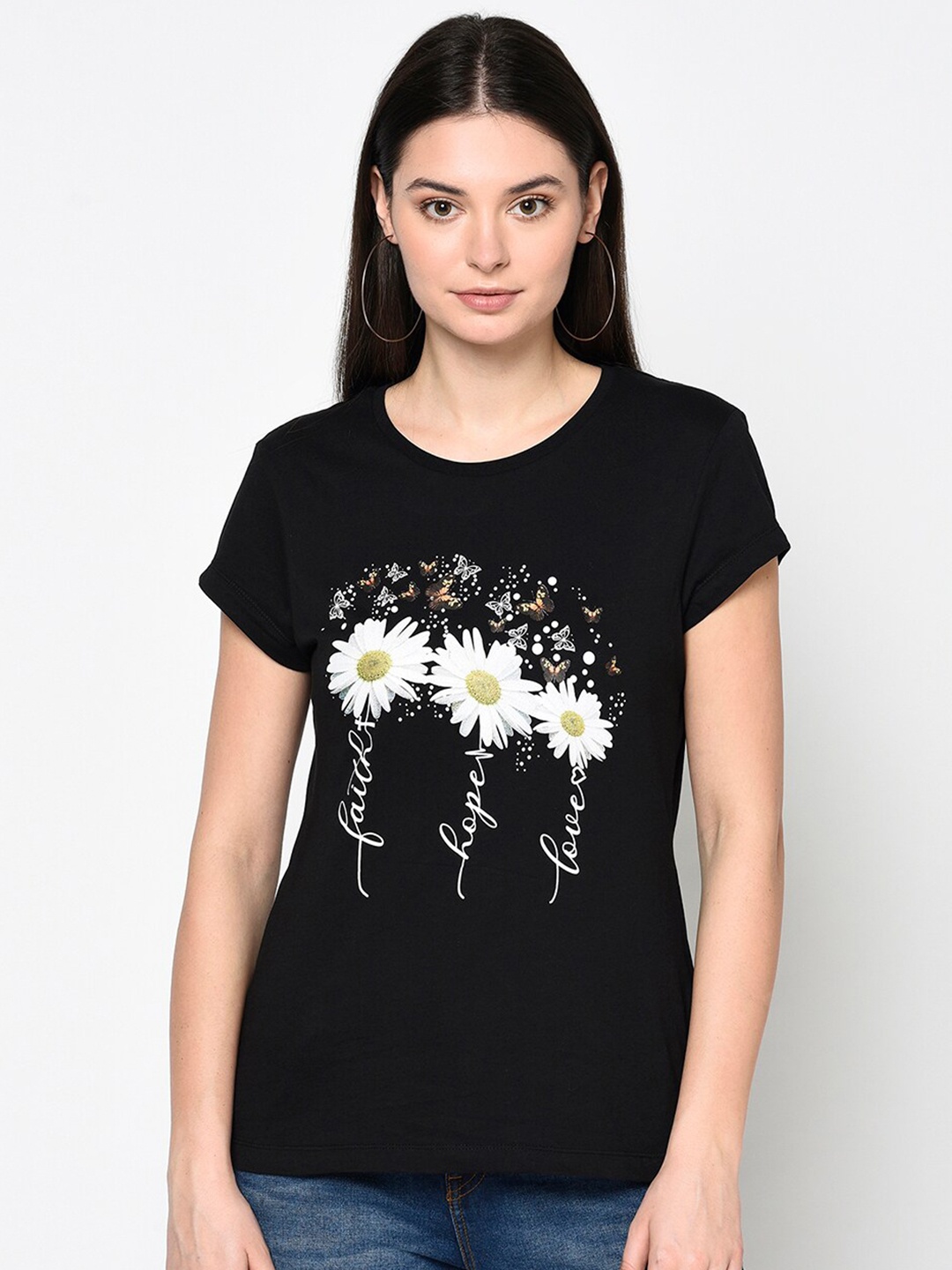 

DAiSY Women Black Printed T-shirt