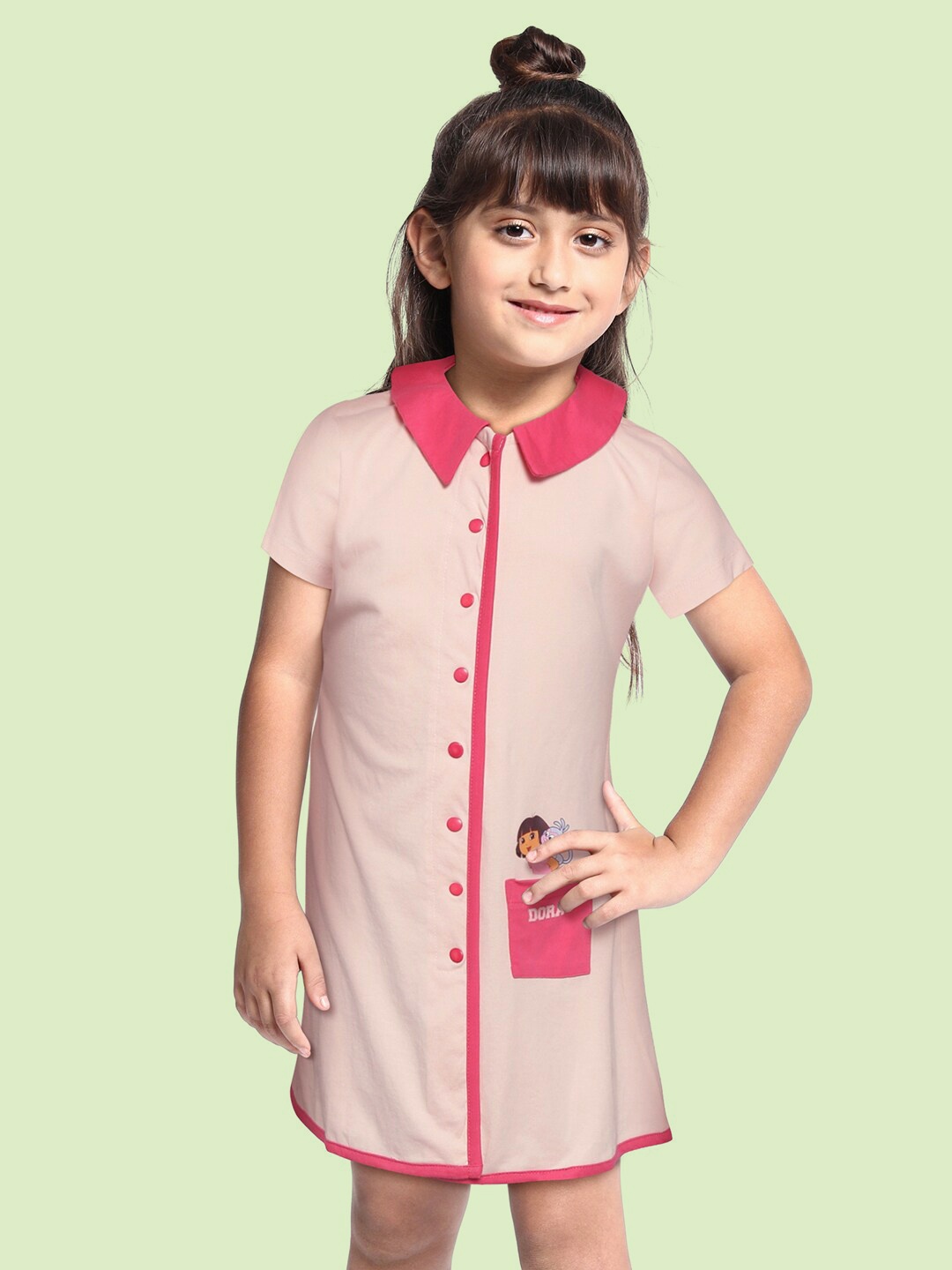 

toothless Girls Pink Solid Pure Cotton Shirt Dress with Dora Print Detail