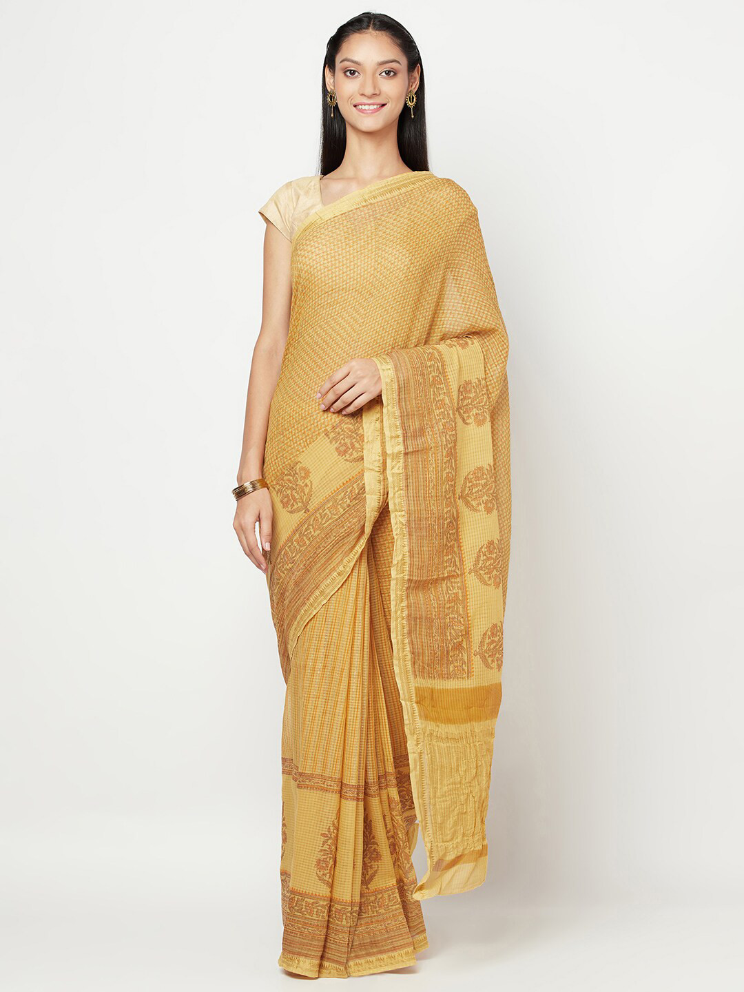 

Fabindia Yellow & Gold-Coloured Floral Zari Pure Cotton Block Print Saree