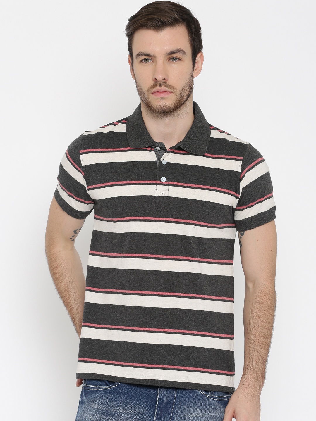 

American Crew Men Charcoal Grey & Off-White Striped Polo T-shirt