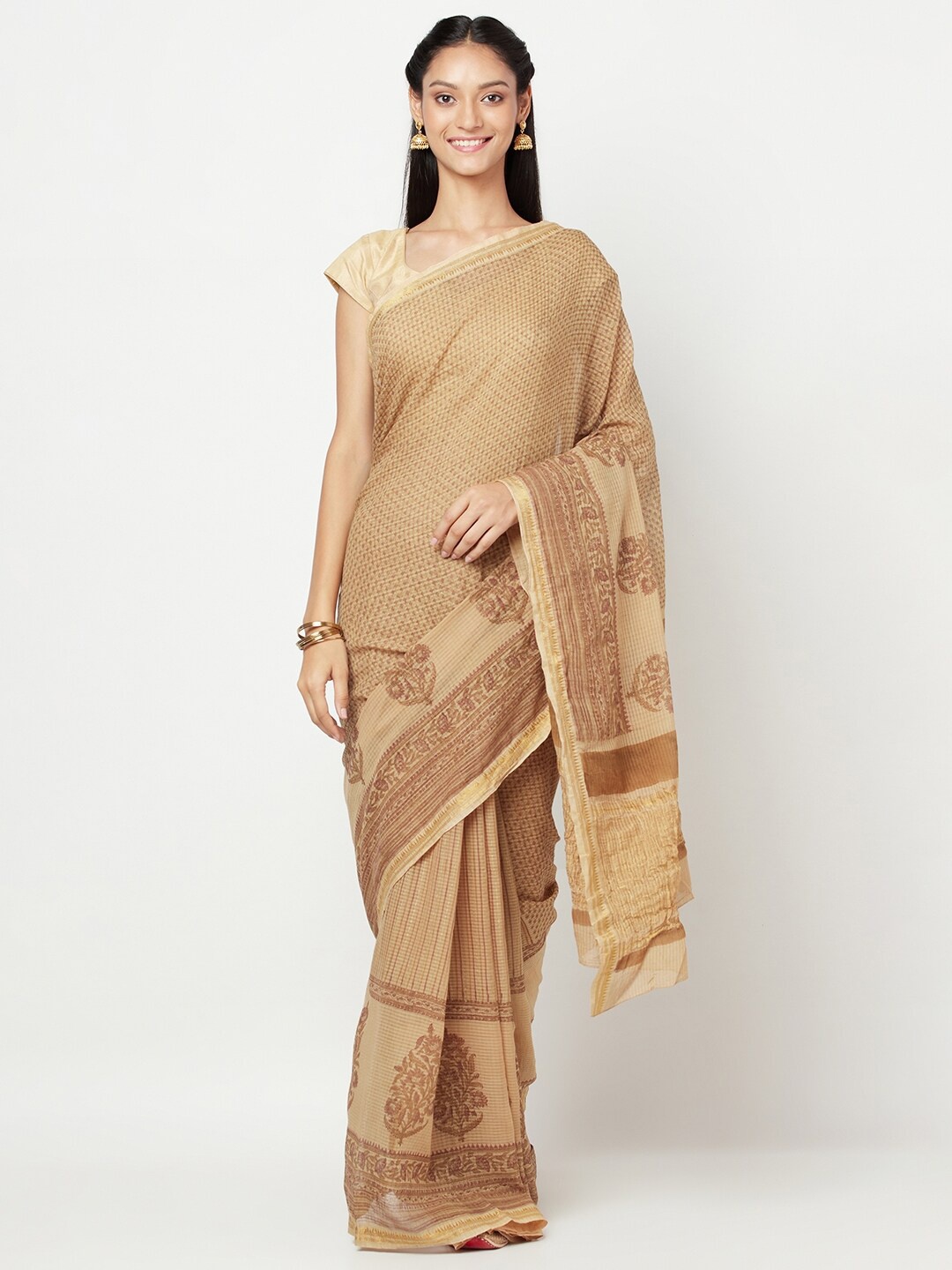 

Fabindia Beige Ethnic Motifs Pure Cotton Block Print Saree
