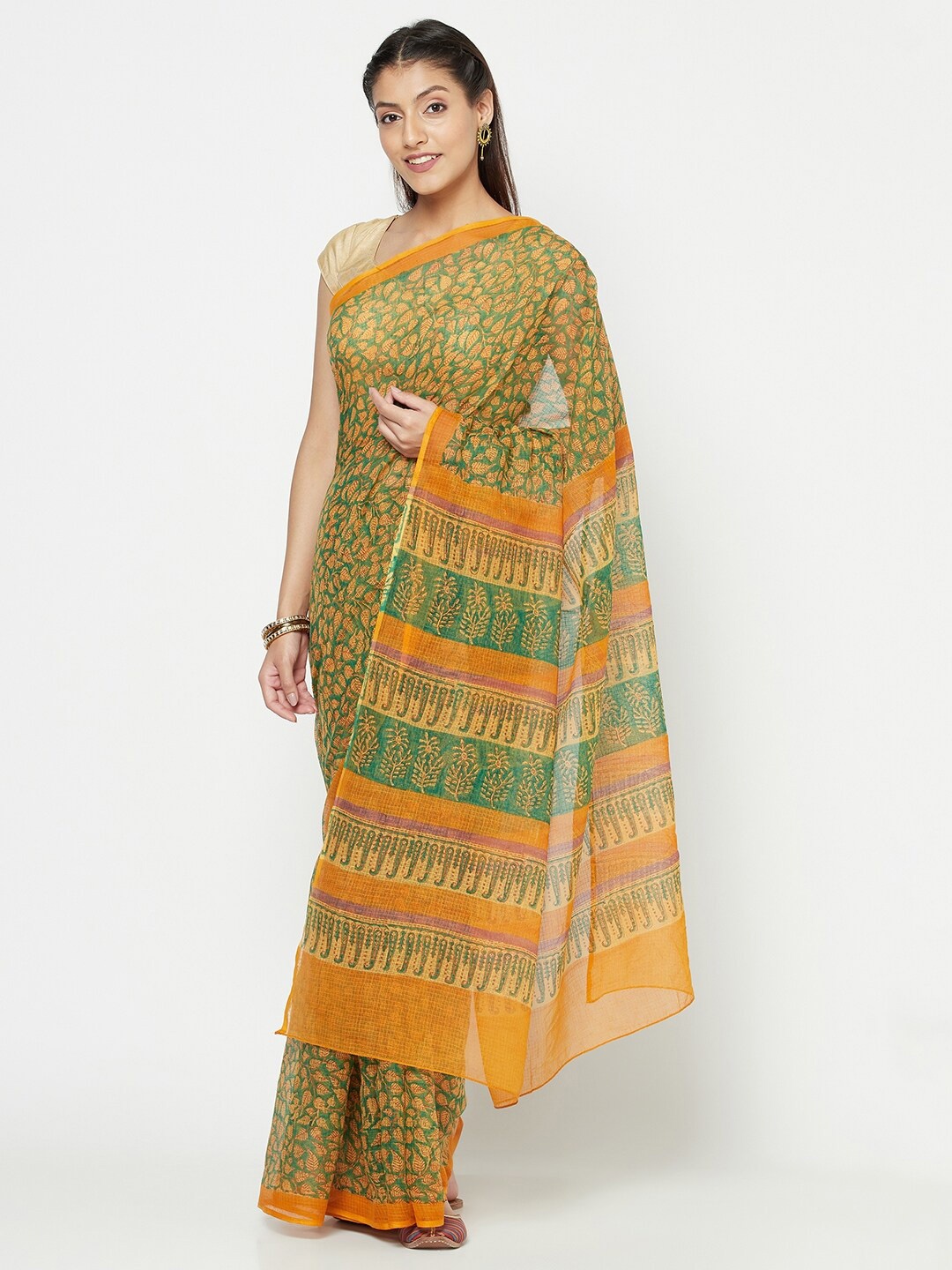 

Fabindia Green & Orange Ethnic Motifs Printed Silk Cotton Block Print Saree