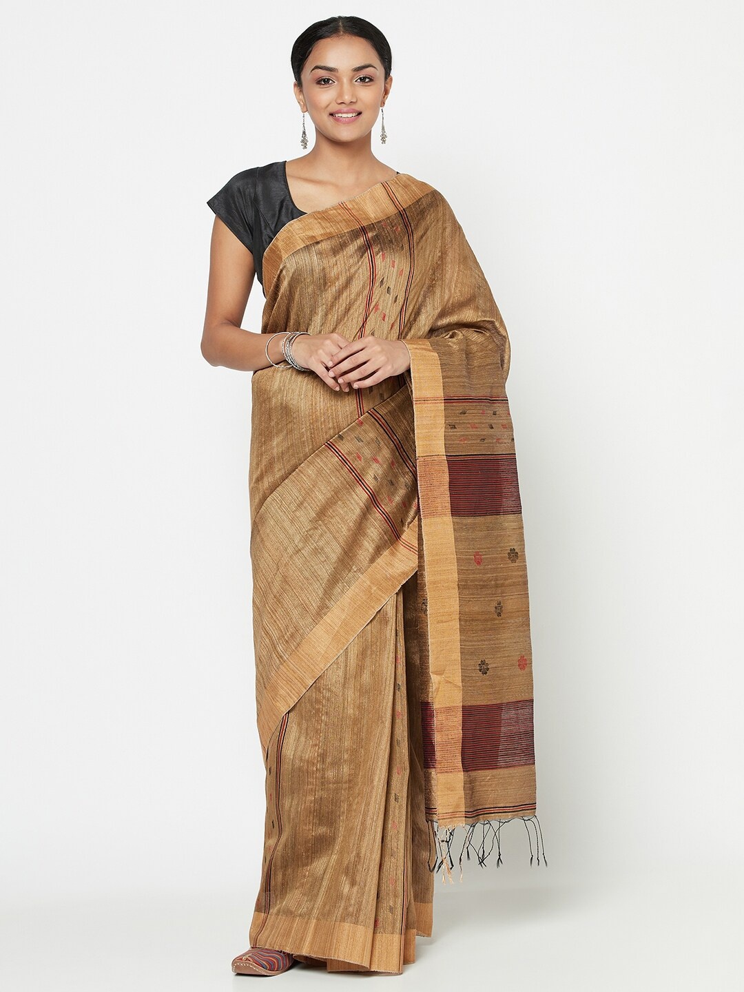

Fabindia Beige & Brown Striped Silk Blend Jamdani Saree