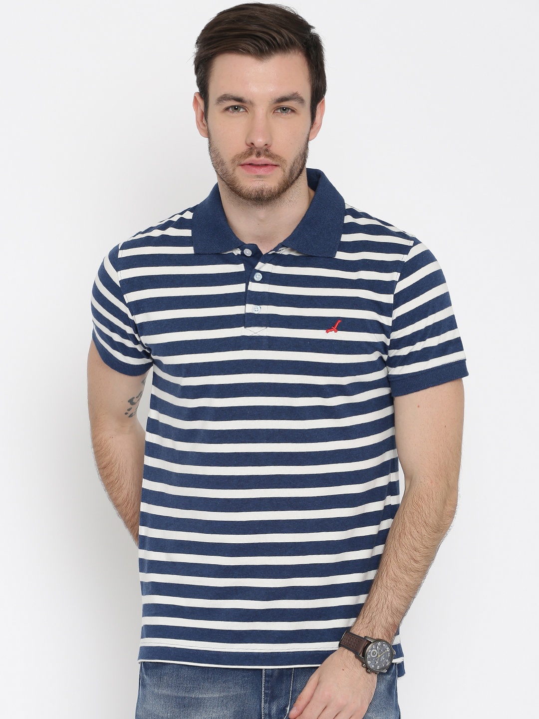 

American Crew Men Navy White Striped Polo Pure Cotton T-shirt, Navy blue