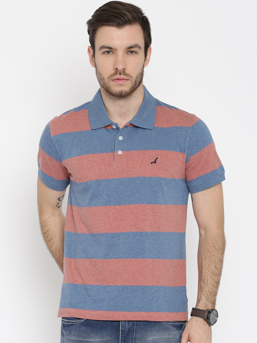 

American Crew Men Red & Blue Striped Polo T-shirt