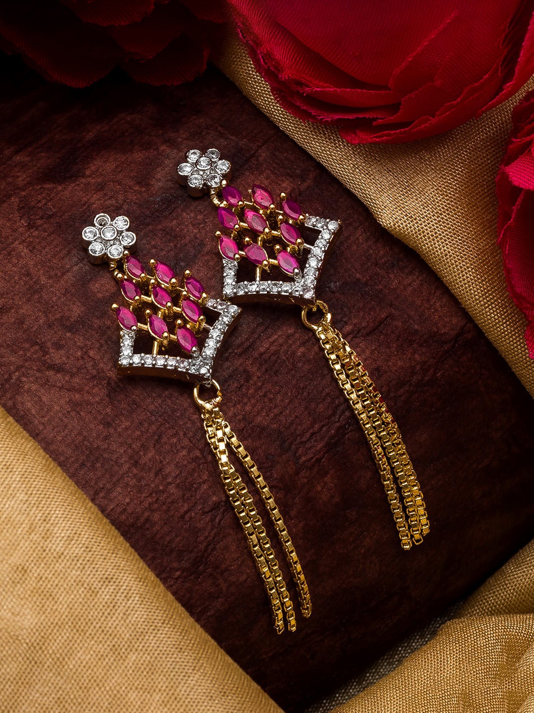 

aadita Gold-Toned & Pink Floral Drop Earrings