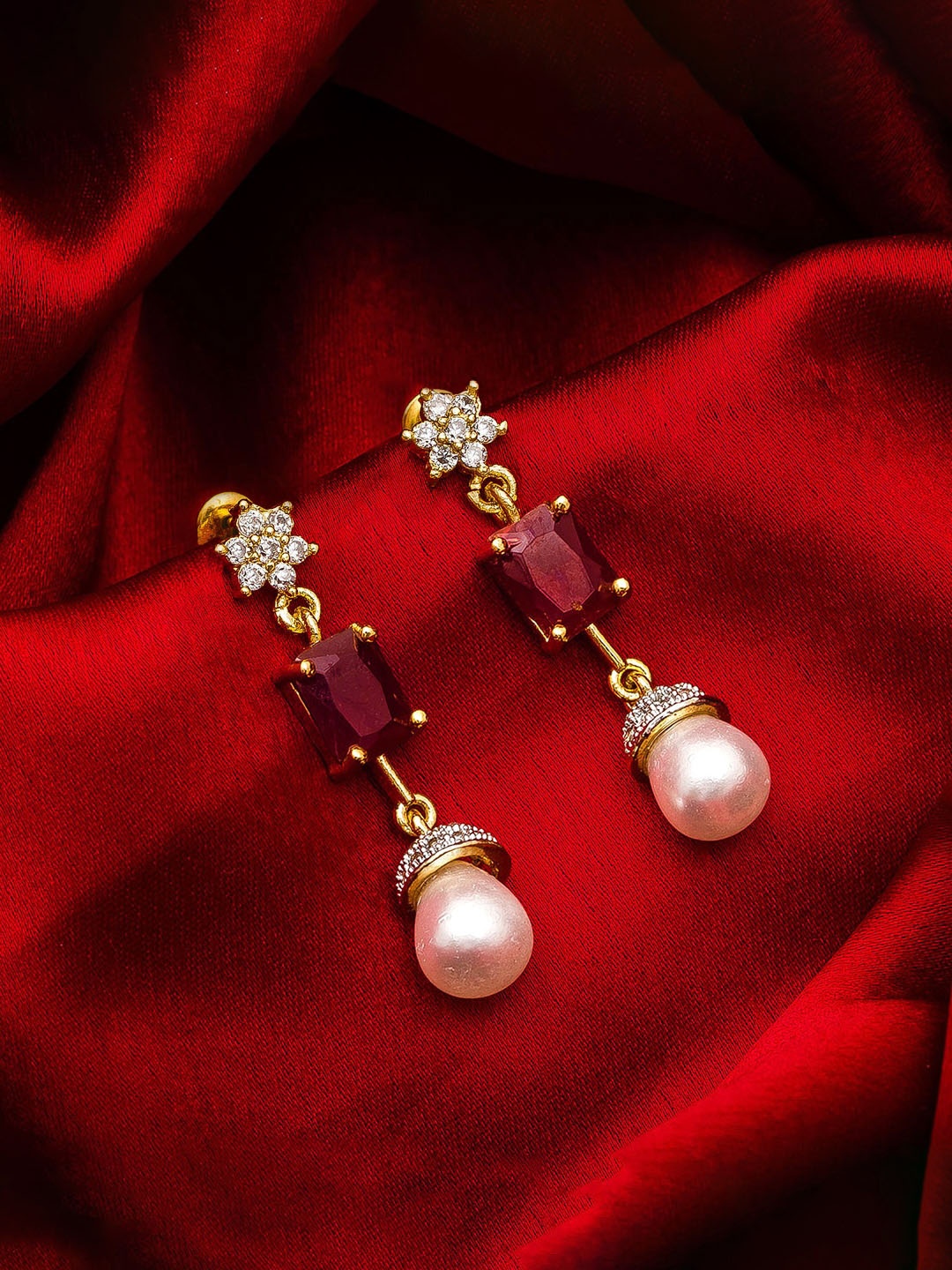 

aadita Gold-Toned AD Studded Geometric Drop Earrings