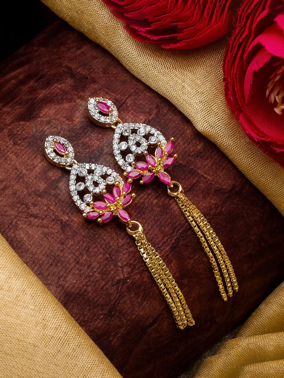 

aadita Gold-Plated & Pink Floral Drop Earrings