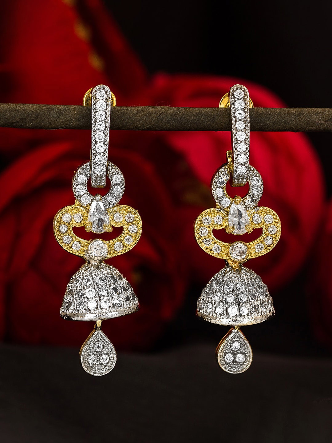

aadita Gold-Plated & Silver-Toned Handcrafted Contemporary AD-Studded Drop Earrings
