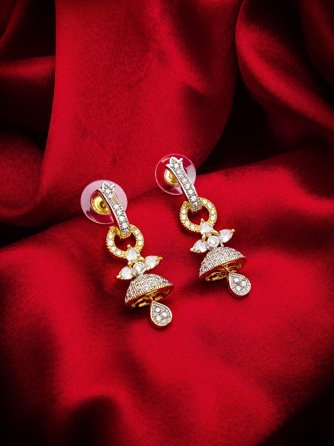

aadita Gold-Toned & White Geometric Jhumkas Earrings