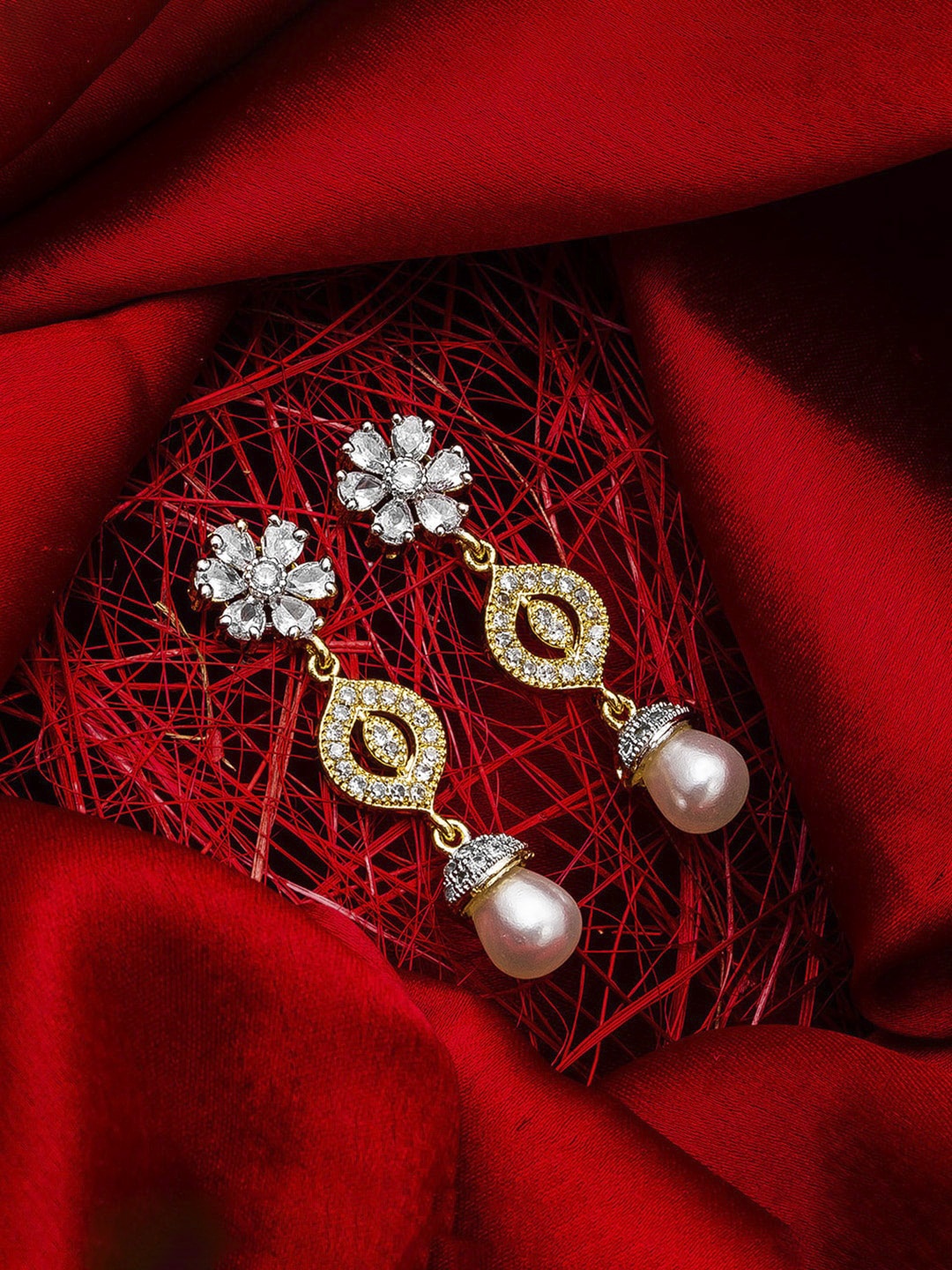 aadita Gold-Plated & Pink Floral Drop Earrings