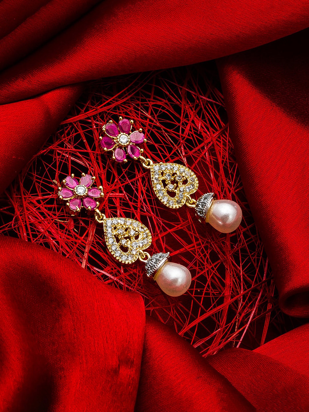 

aadita Gold-Toned AD Studded Floral Drop Earrings