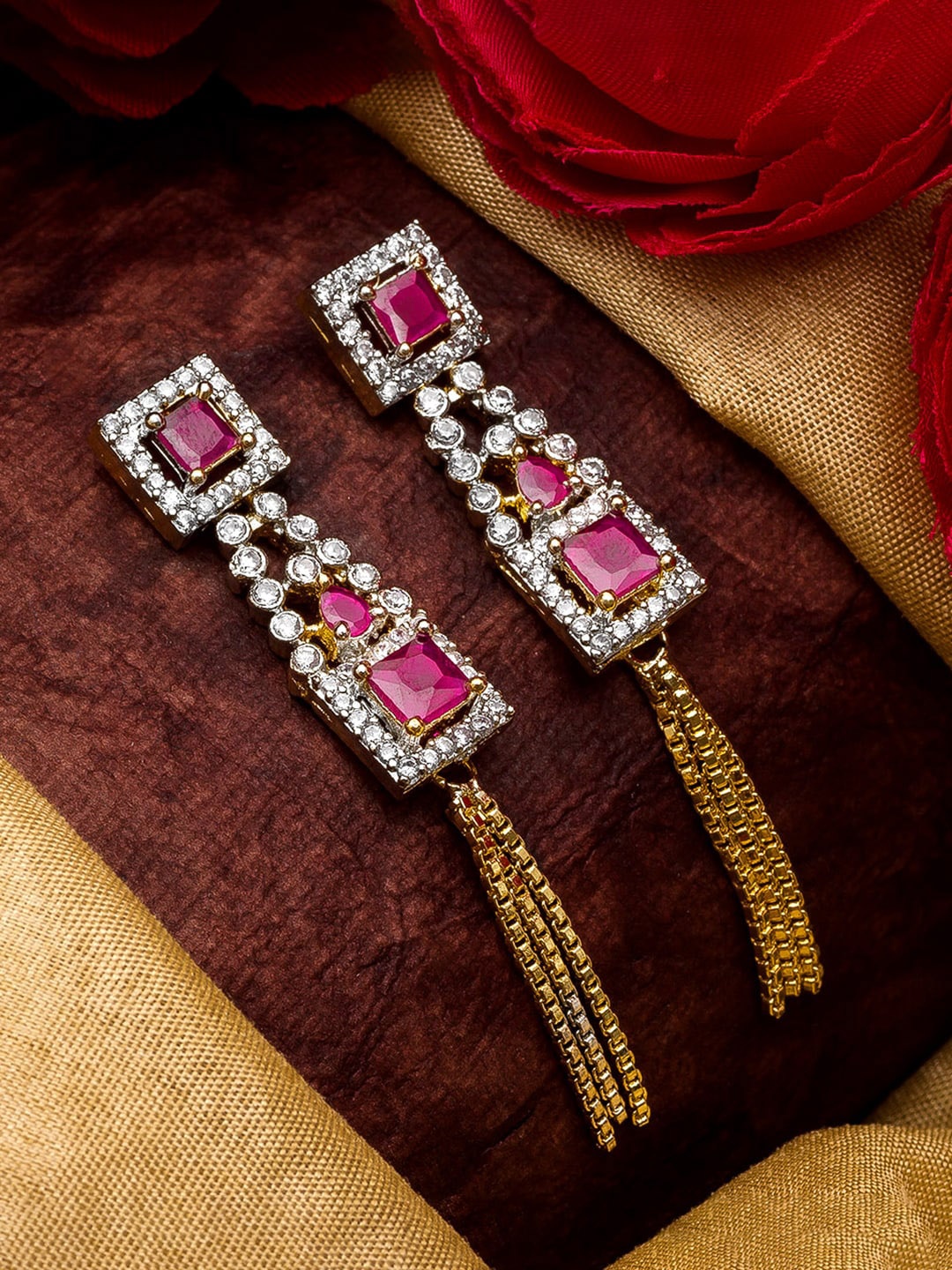 

aadita Gold-Toned & Pink Geometric Drop Earrings