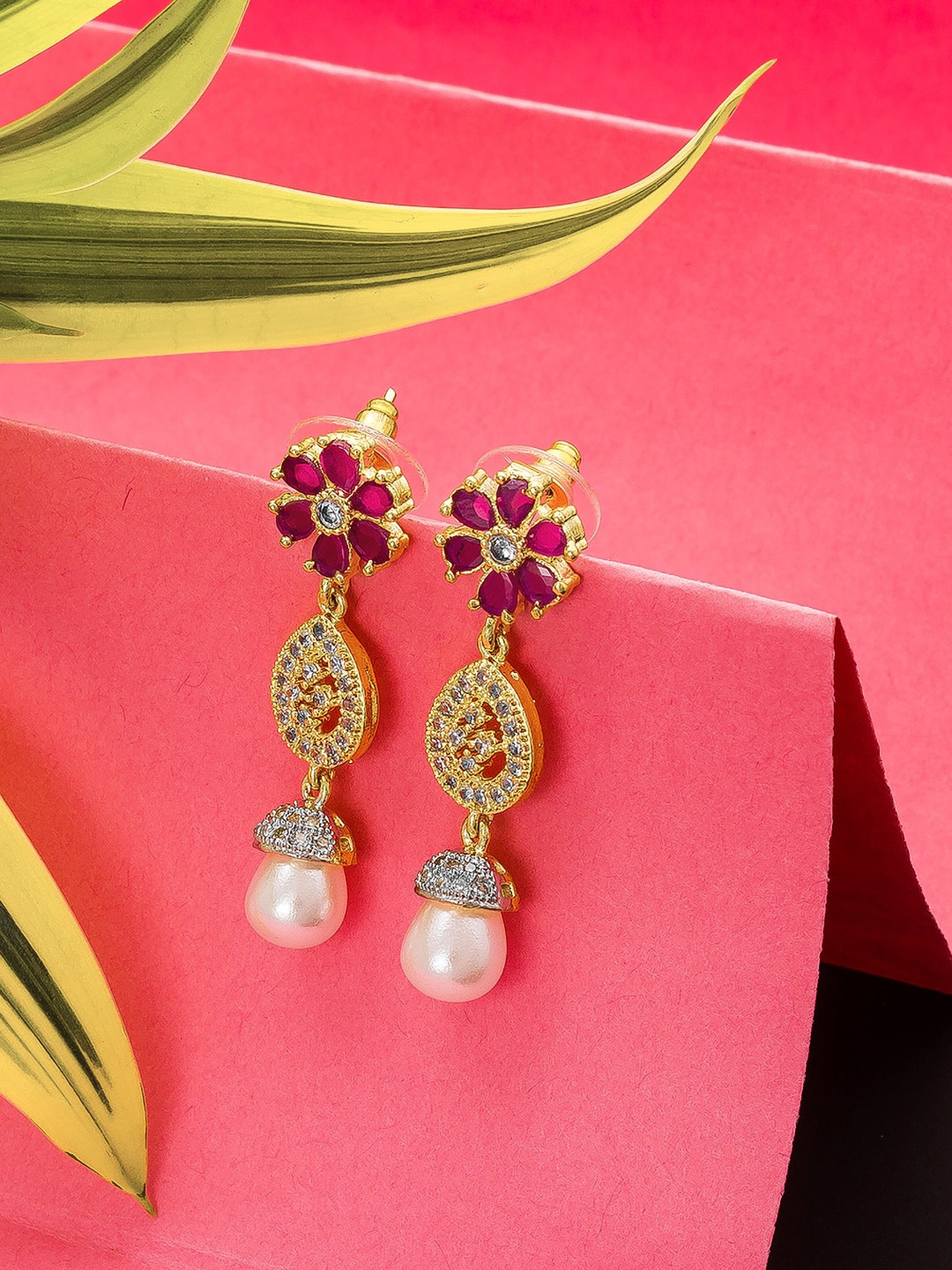 

aadita Gold-Toned & Pink Floral Drop Earrings