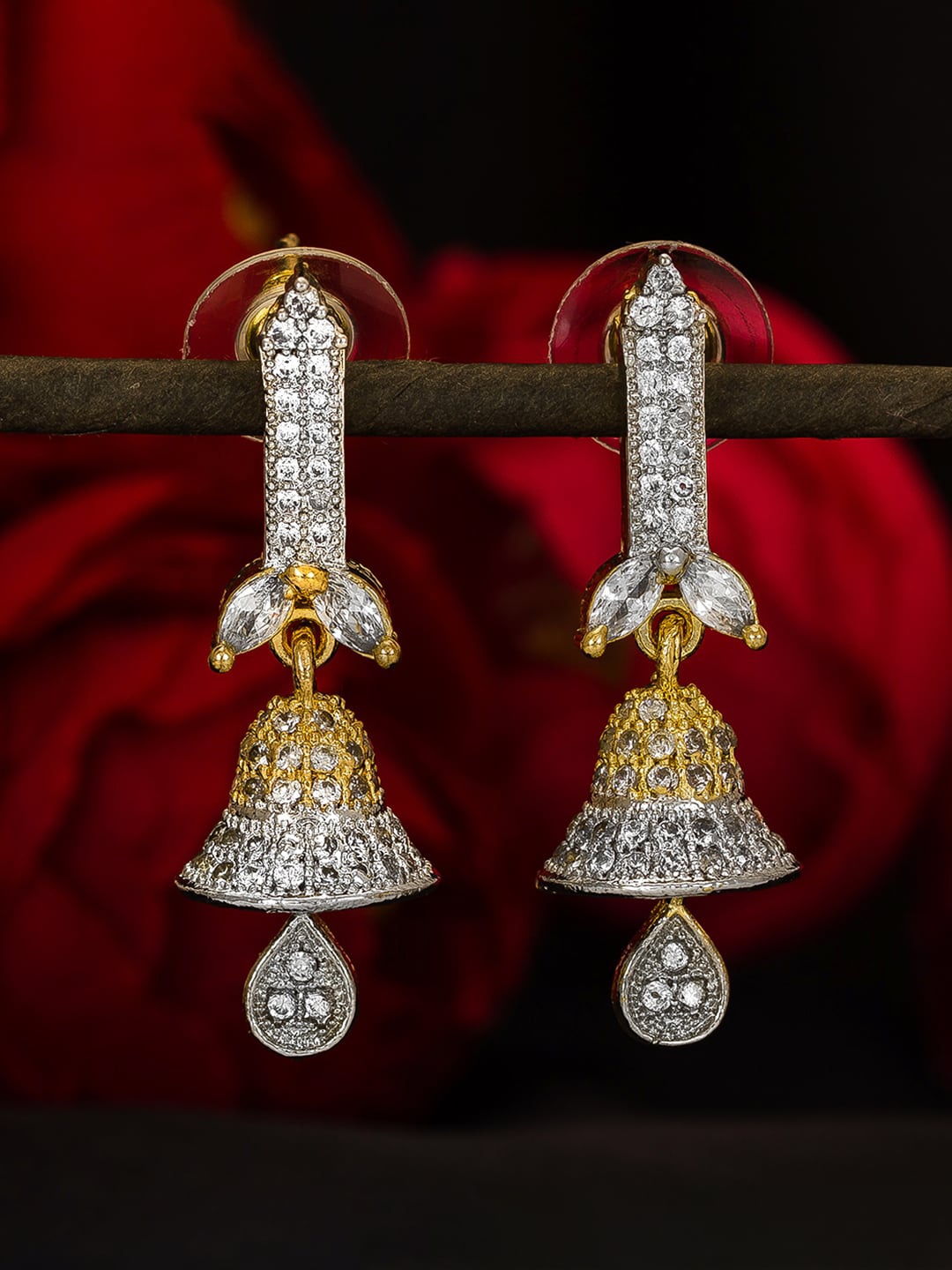 

aadita Gold-Toned & White Geometric Jhumkas Earrings