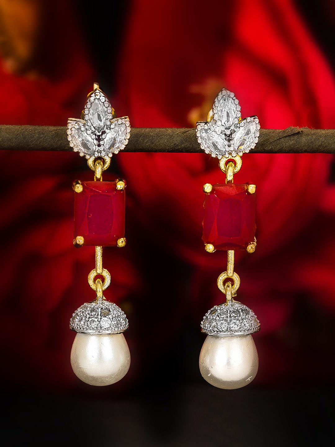 

aadita Gold-Plated & Red Floral Jhumkas Earrings
