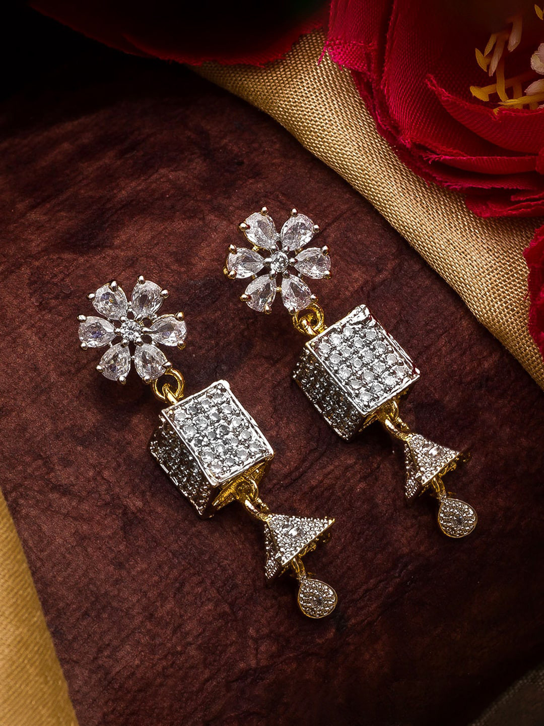

aadita Gold-Palted & Silver-Toned Handcrafted Contemporary AD-Studded Drop Earrings