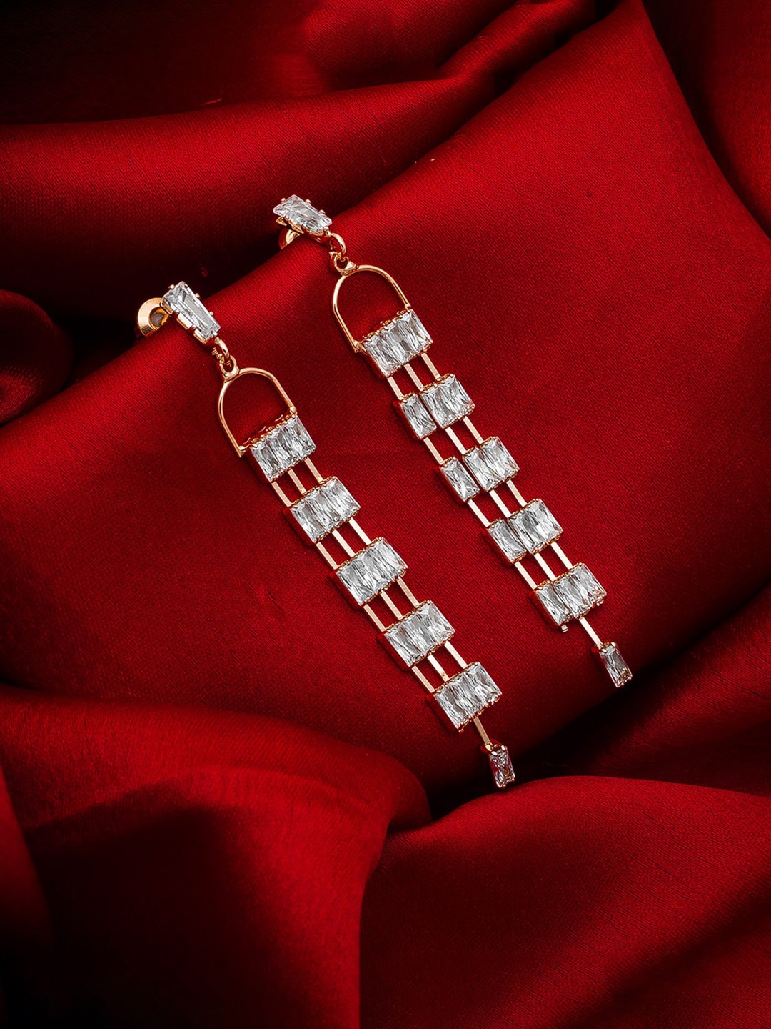 

aadita Gold-Plated AD Studded Contemporary Drop Earrings